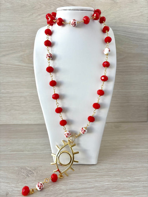 Long necklace with red Turkish crystal stones