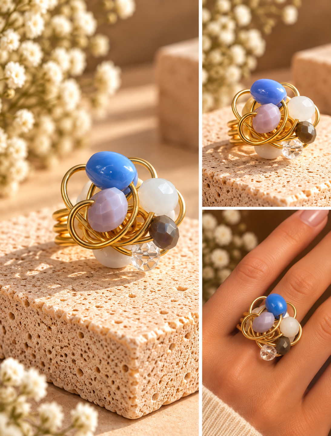 Blue Harmony Statement Ring – Handmade Gold Wire Ring