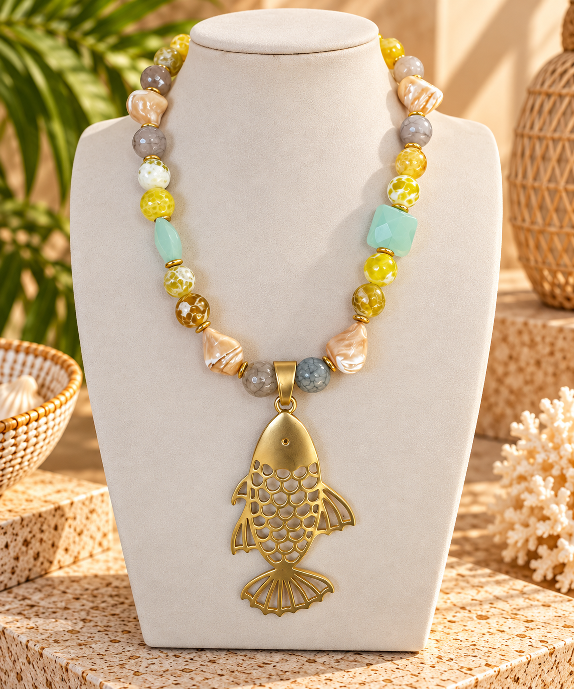 Golden Ocean Necklace with Fish Pendant
