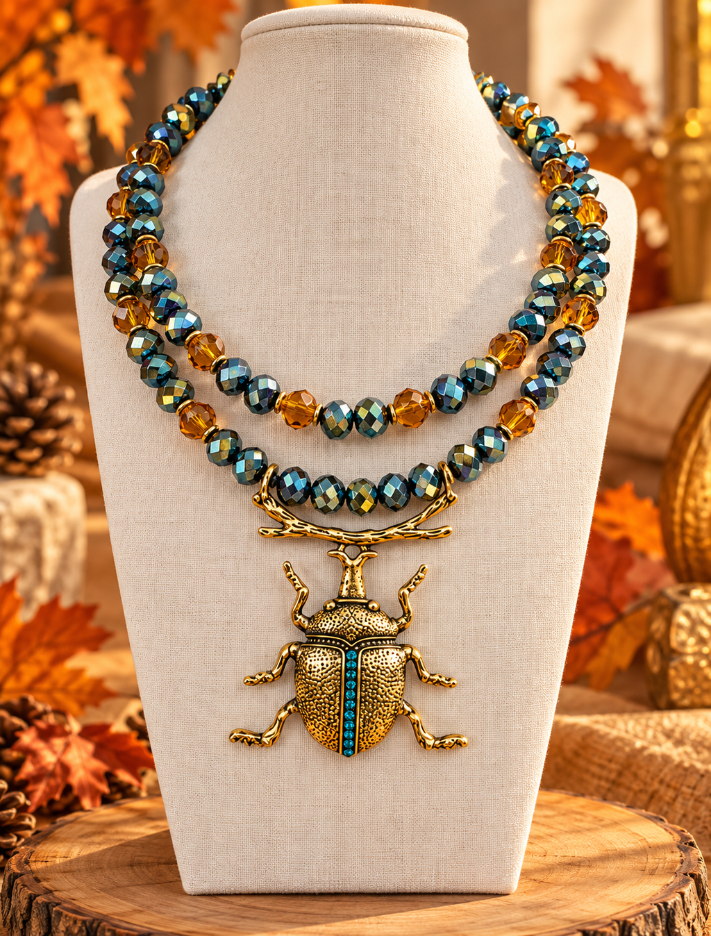 Autumn Golden Beetle Necklace – Handmade Double-Strand Statement Necklace