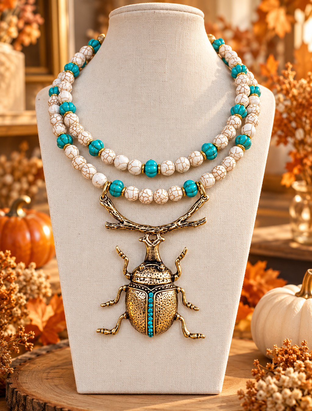Autumn Golden Beetle Necklace – Handmade Double-Strand Statement Necklace