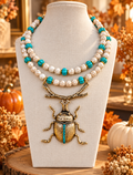 Autumn Golden Beetle Necklace – Handmade Double-Strand Statement Necklace