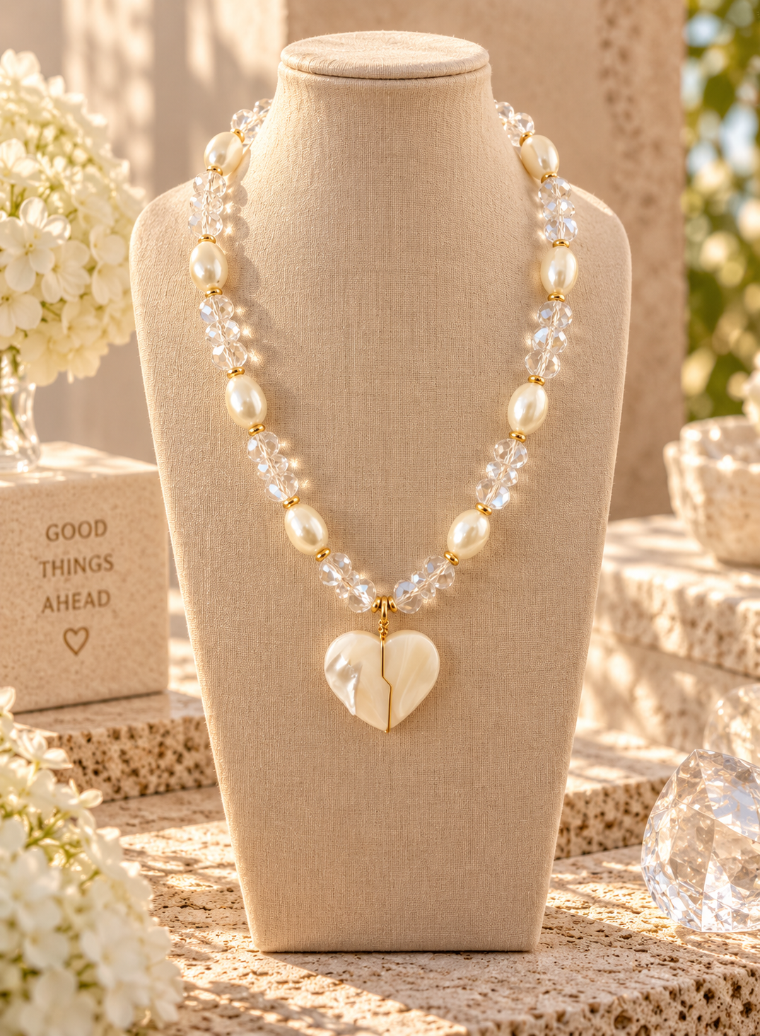 Crystal Heart Pearl Necklace