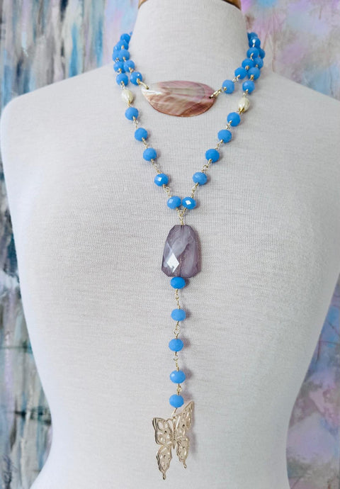 Rosary necklace, with long colorful Turkish stones and a seashell-shaped stone