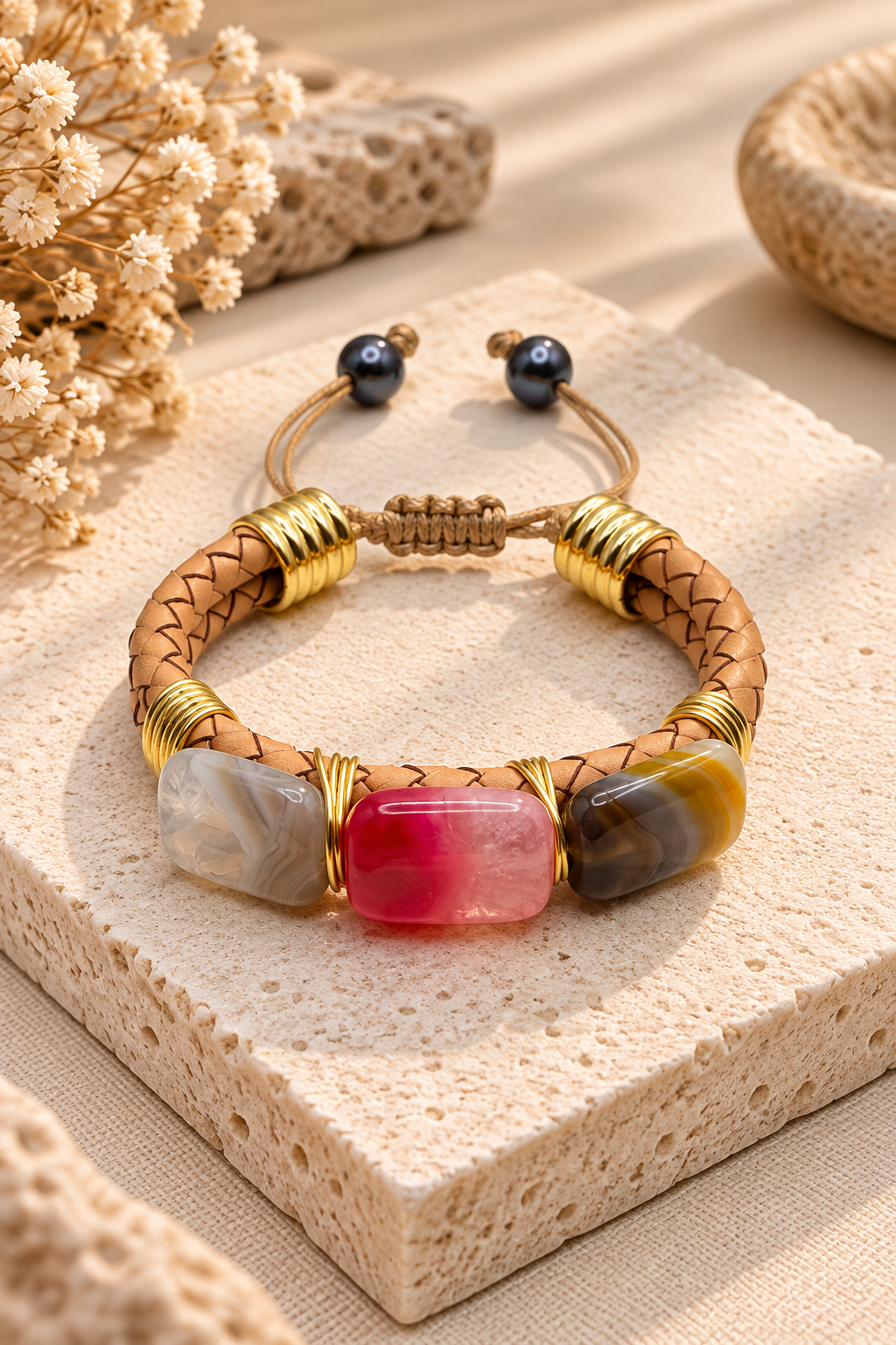 Trio Agate Leather Bracelet