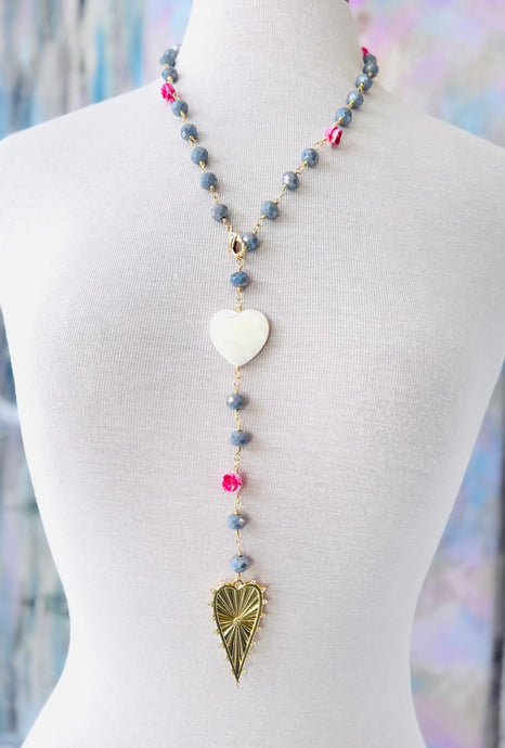 Rosary necklace, with long colorful Turkish stones and a heart-shaped stone