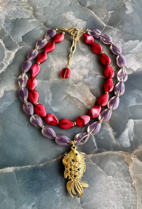 necklace with pink and purple Turkish crystal stones
