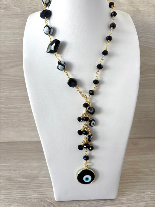 Long necklace with black crystal stone and Turkish evil eye