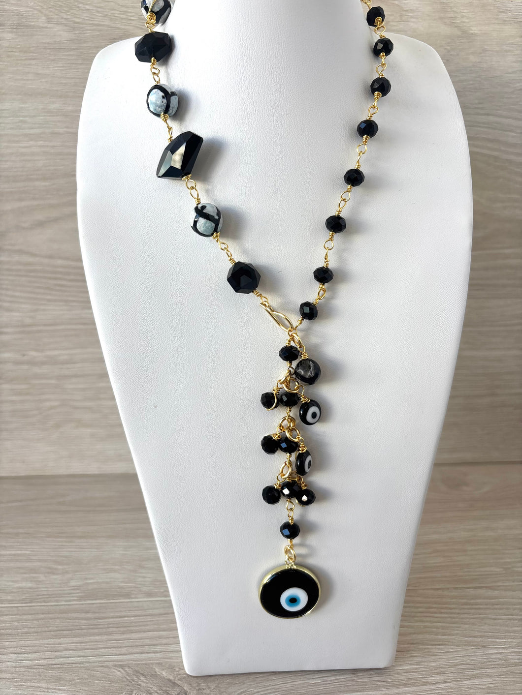 Long necklace with black crystal stone and Turkish evil eye