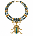 Autumn Golden Beetle Necklace – Handmade Double-Strand Statement Necklace