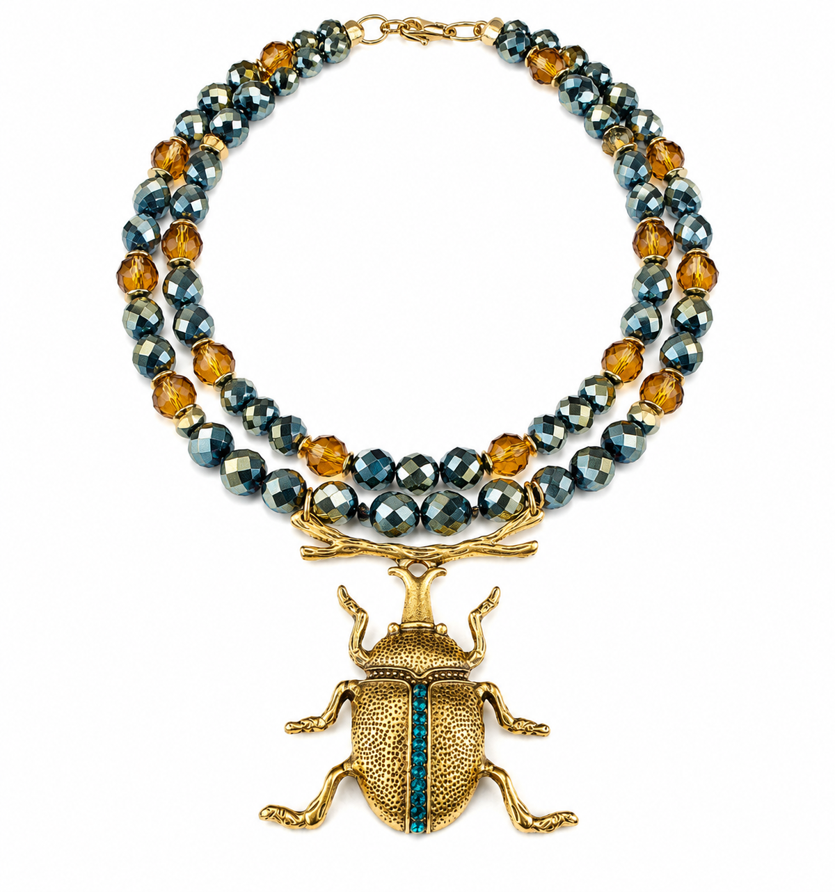 Autumn Golden Beetle Necklace – Handmade Double-Strand Statement Necklace