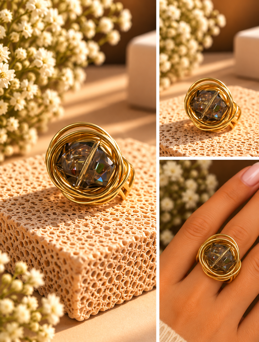 Golden Smoky Crystal Ring