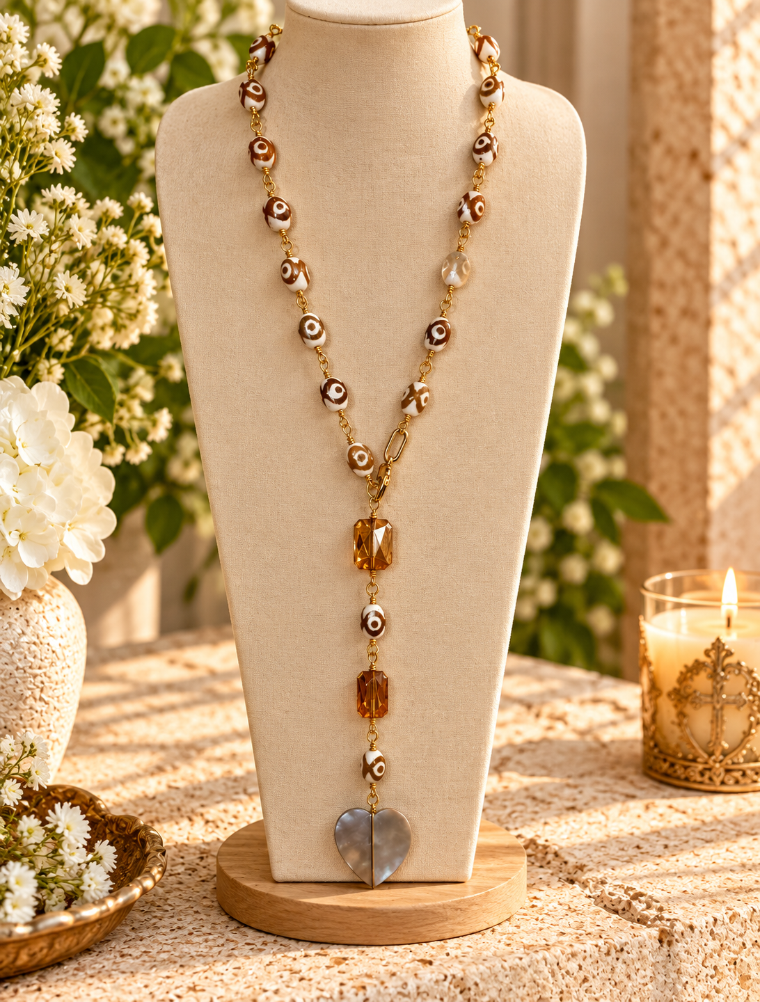 Golden Harmony Heart Rosary Necklace