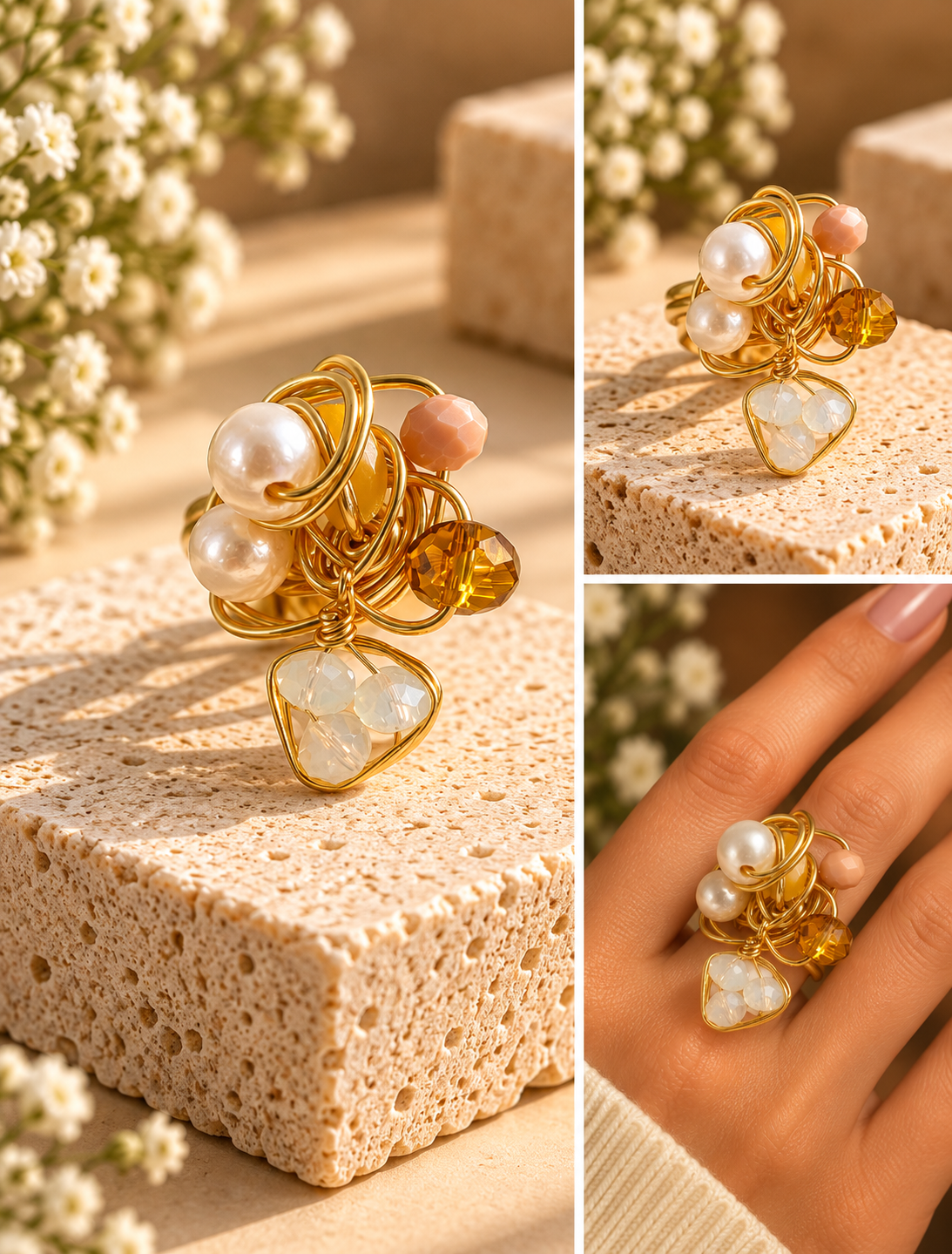 Golden Pearl Charm Statement Ring