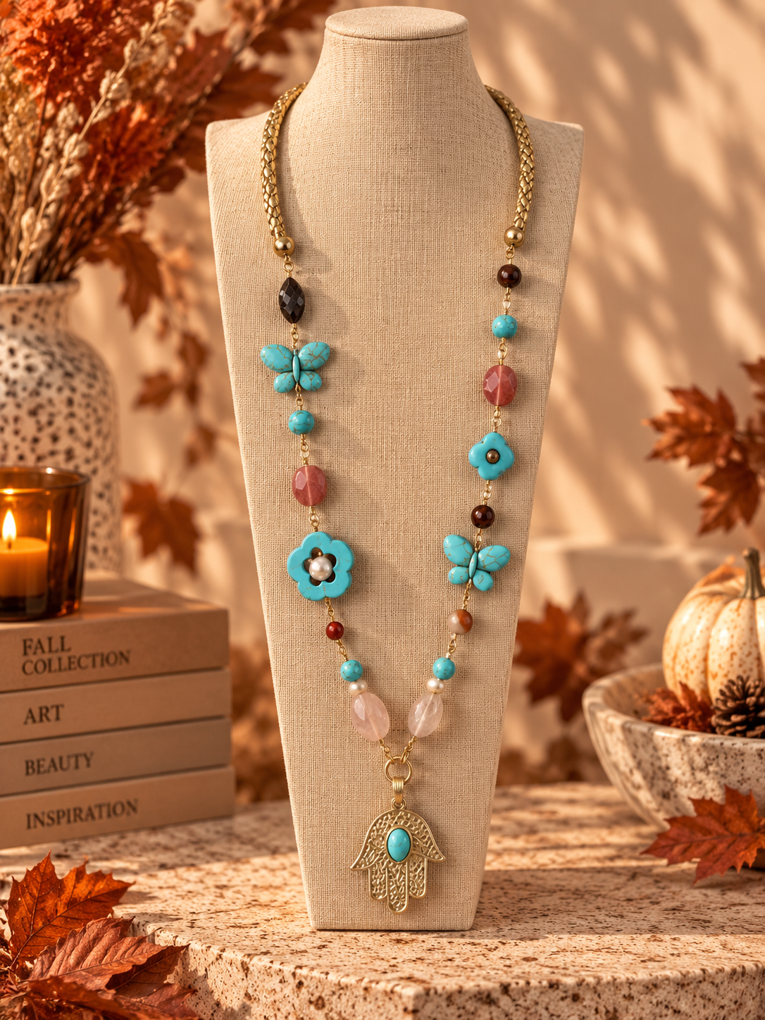 Turquoise Hamsa Long Necklace