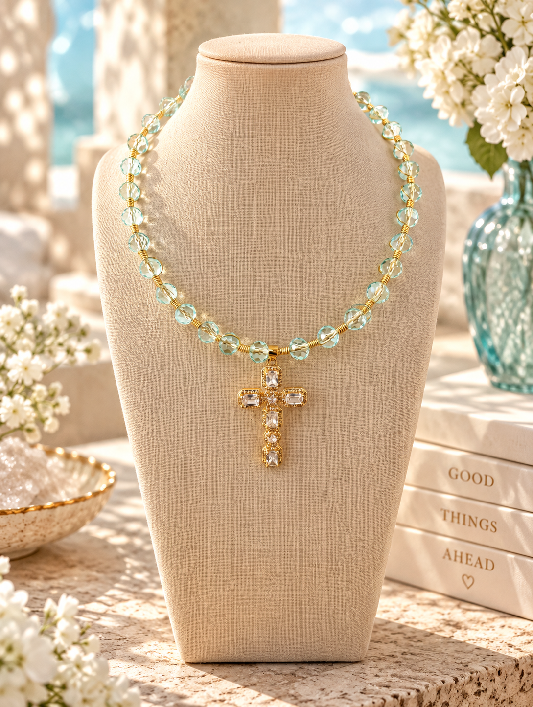 Aqua Crystal Cross Necklace