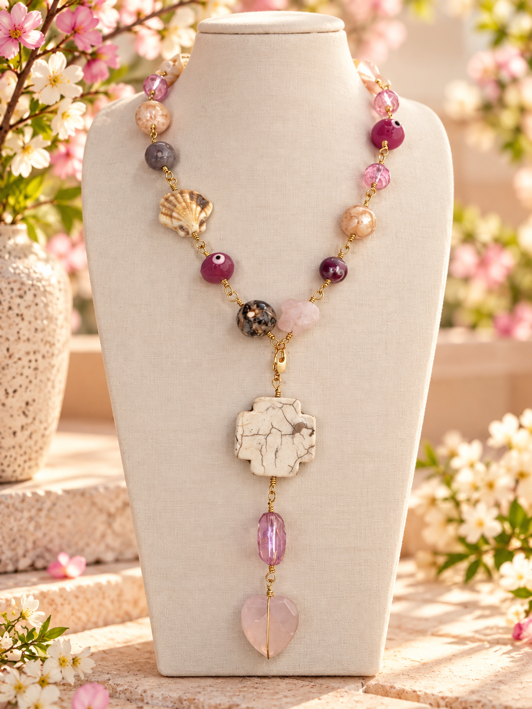 Spring Blossom 3-Piece Jewelry Set – Handmade Choker, Bracelet & Removable Pendant